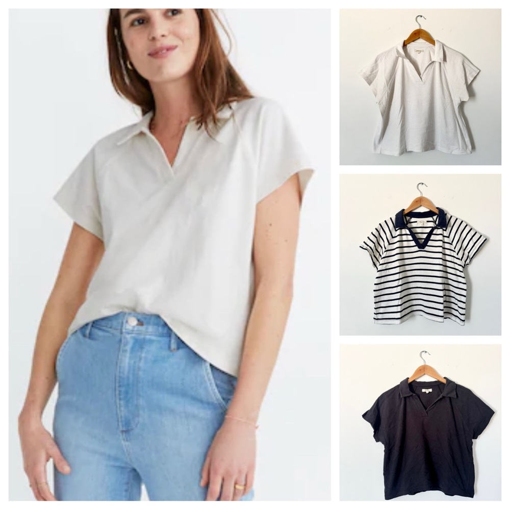 Madewell Boxy Polo Tee Bundle Bright Ivory True Black Navy Stripe Size S